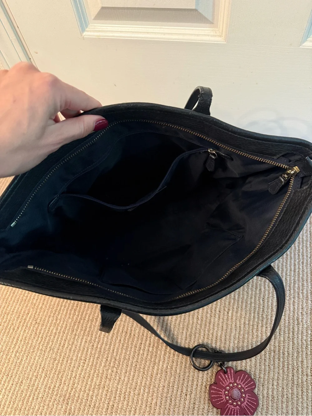 Coach Black Pebbled Leather Tote with Red Flower Charm